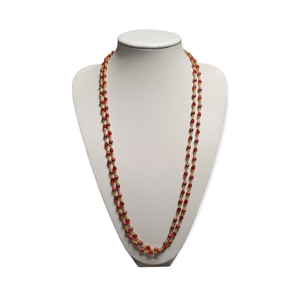 Vintage Handmade Goldtone Double Strand Red Gold Brick Color Beads 31"